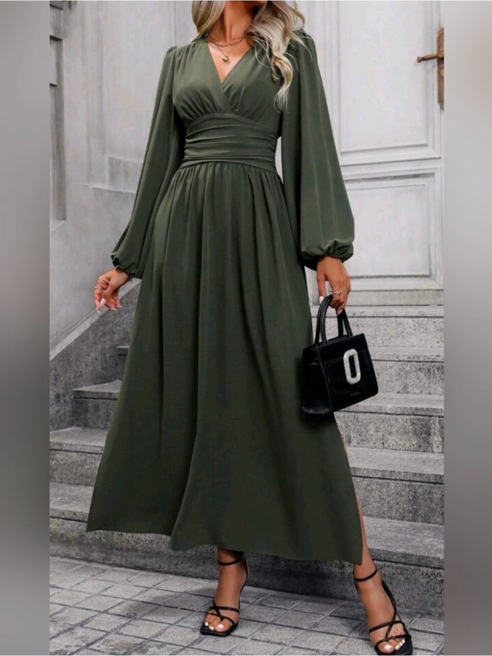 NEW Chic Ruched Waist Lantern Sleeve Maxi Dress Army Green